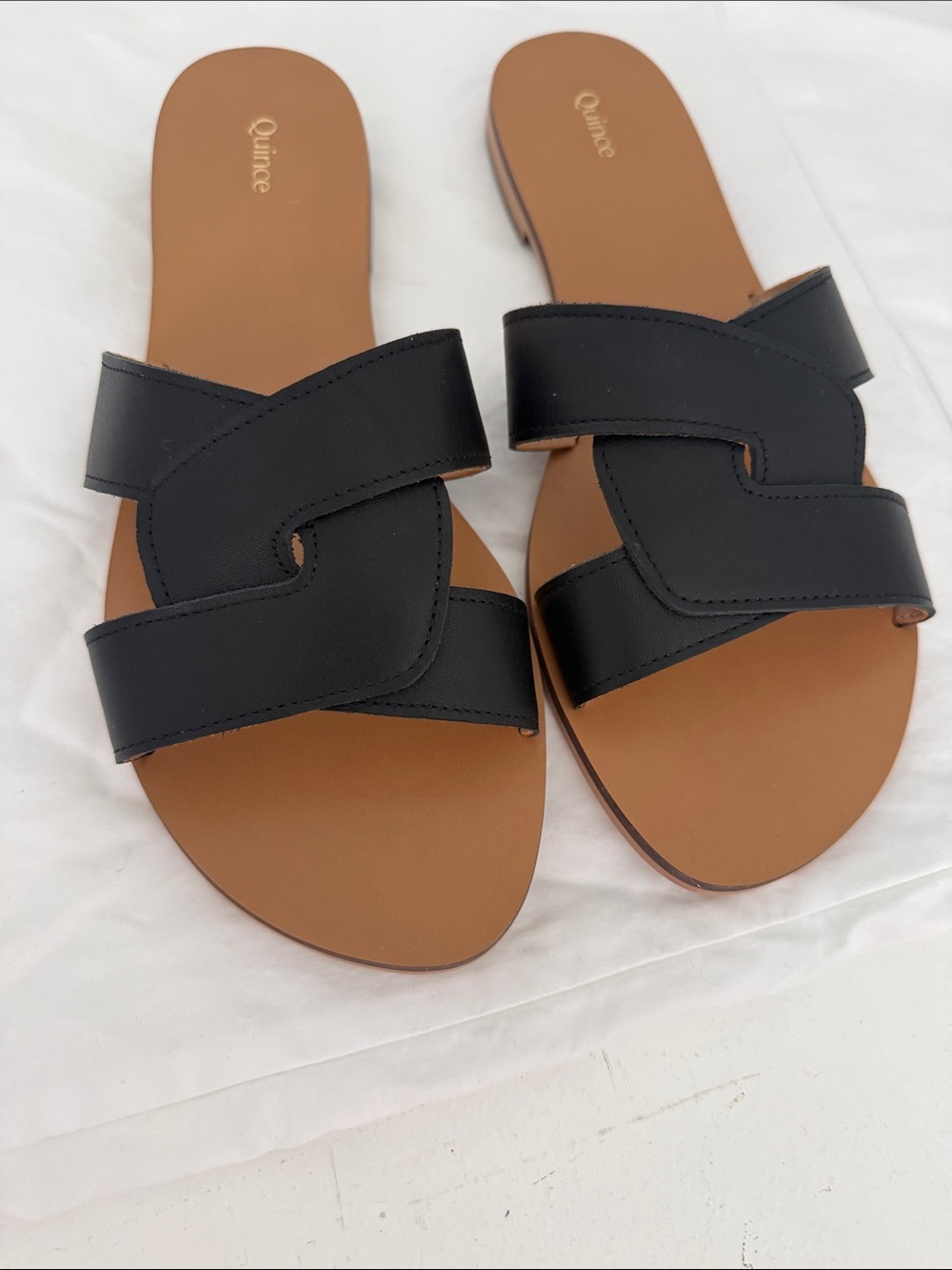 Quince Black Leather Slide Sandals with Tan Footbed